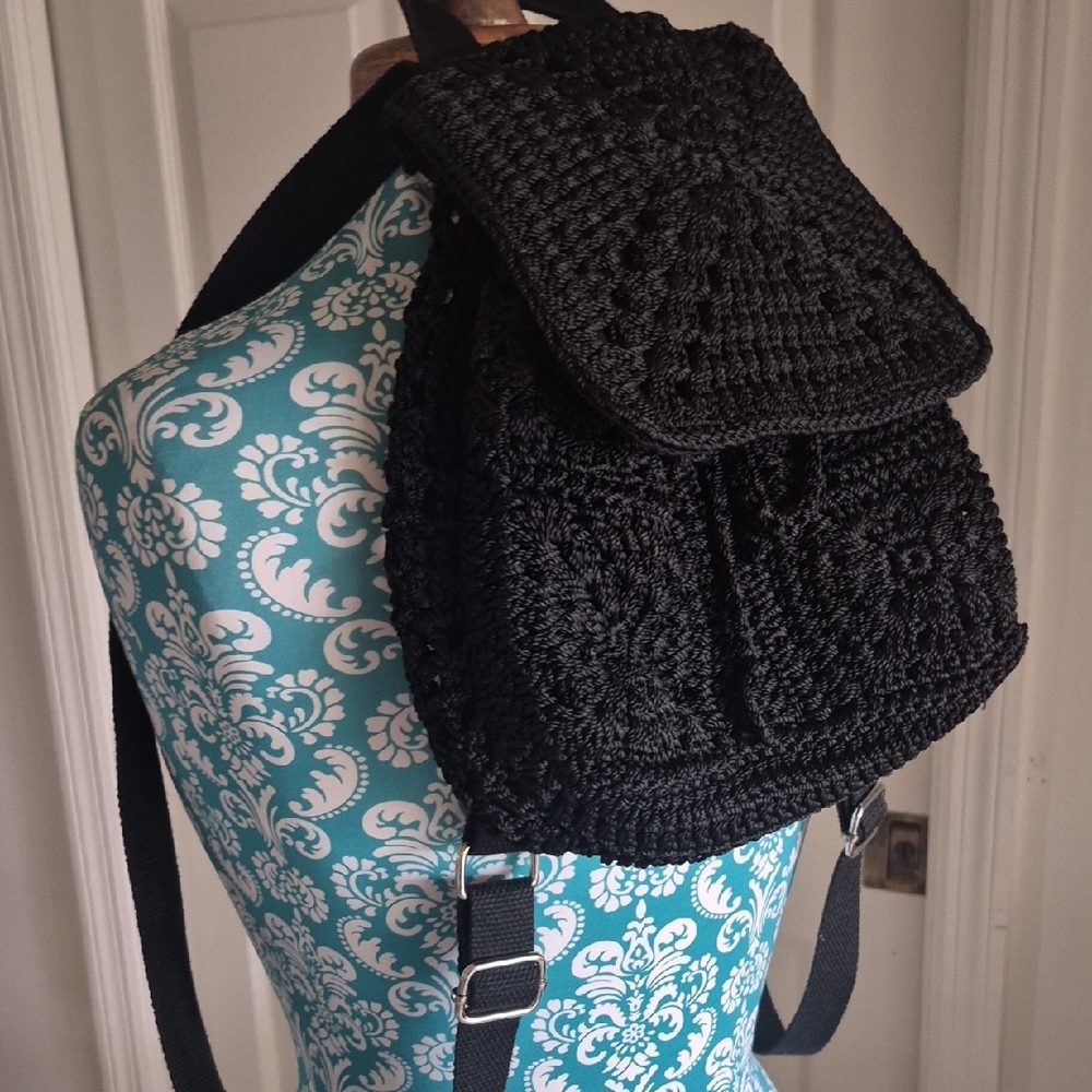 Black Crochet Backpack - Women's Casual Shoulder Bag